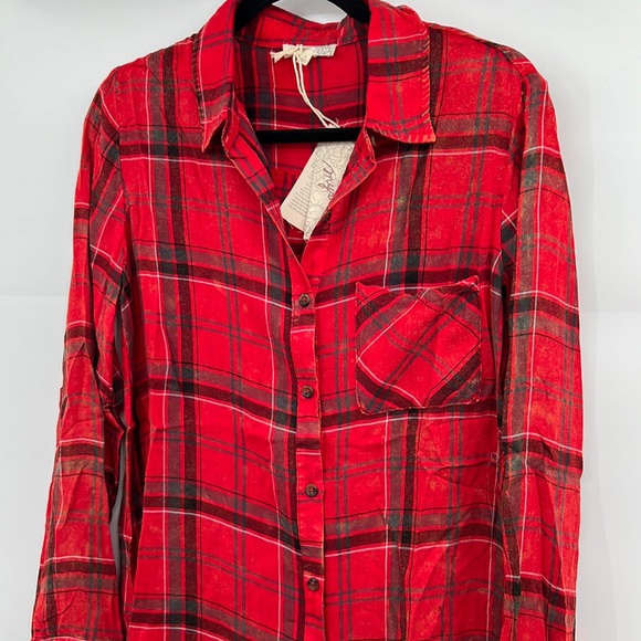 🆕Mystree Plaid Fall Button Down Top Red Distressed Vintage Coloring S,M & L - Picture 2 of 9